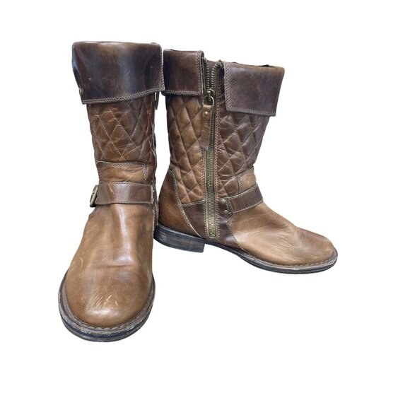 UGG Shoes - UGG Womans Brown Leather Moto Quilted Mid Calf Boots Sz 7.5 SKU 9475